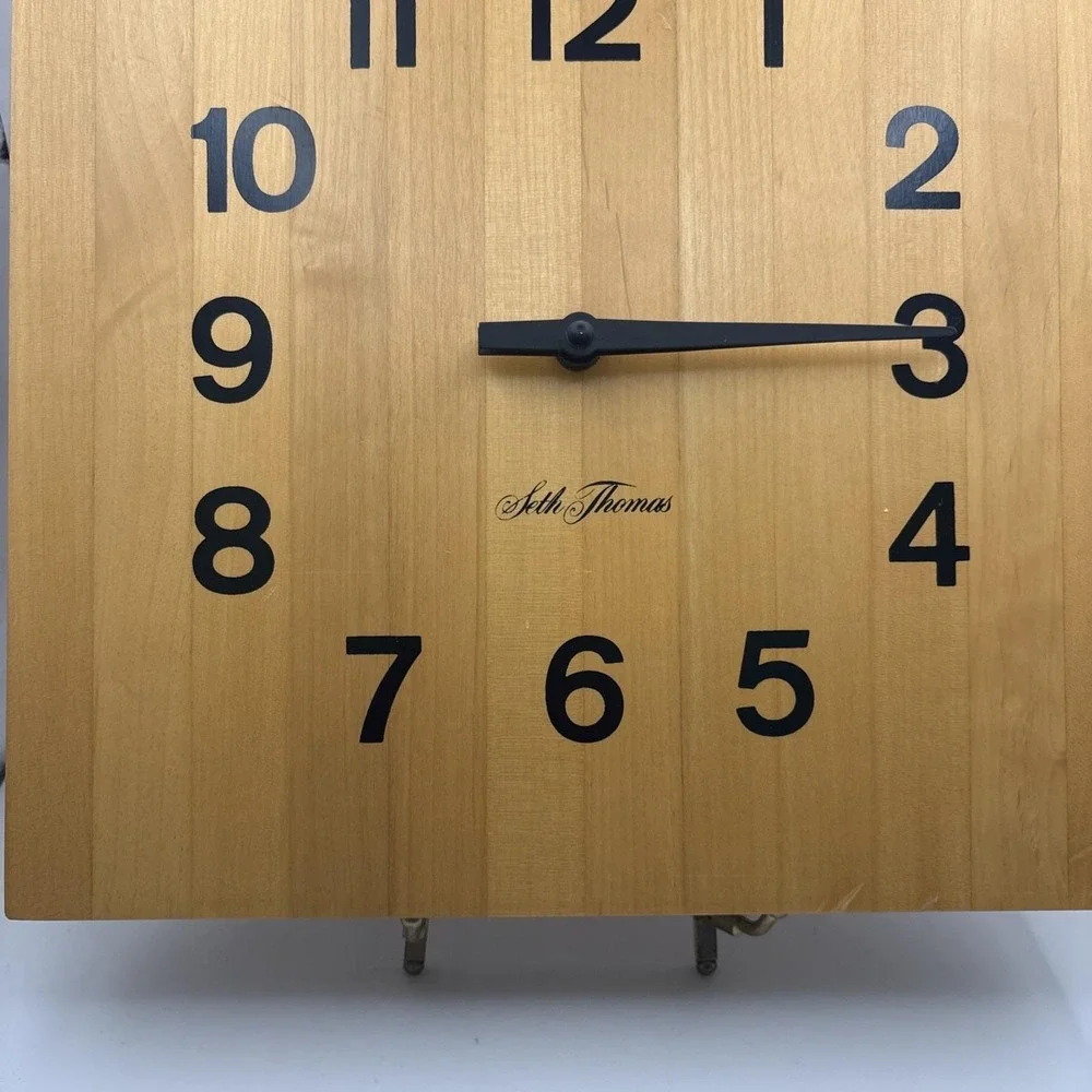 Vtg~Seth Thomas Solid Wood Butcher Block Wall Clock~11